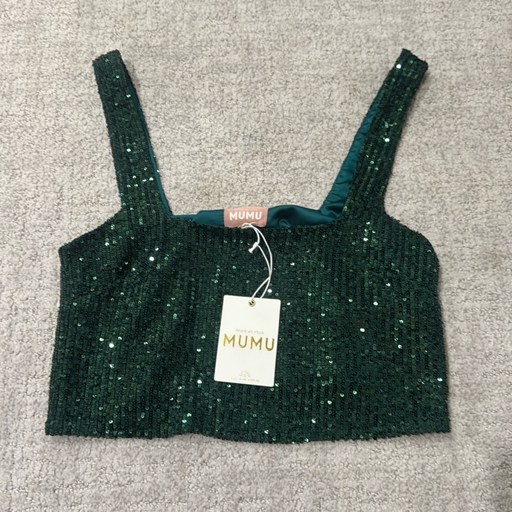 Show me the mumu green sequin crop top NWT SIZE SMALL